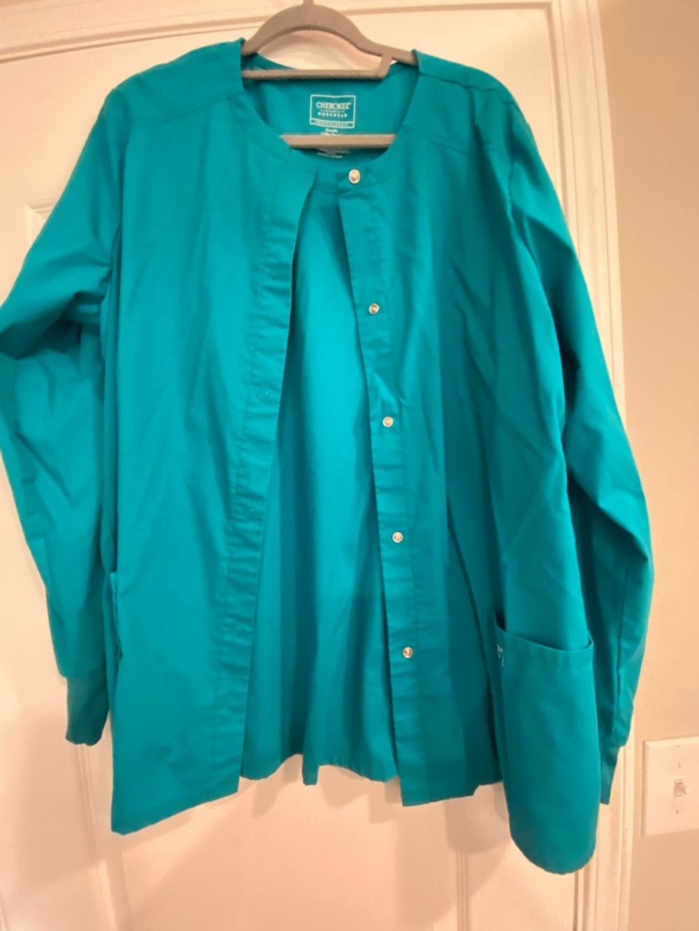 Cherokee Teal Scrub Jacket for Women - Snap-Front Workwear